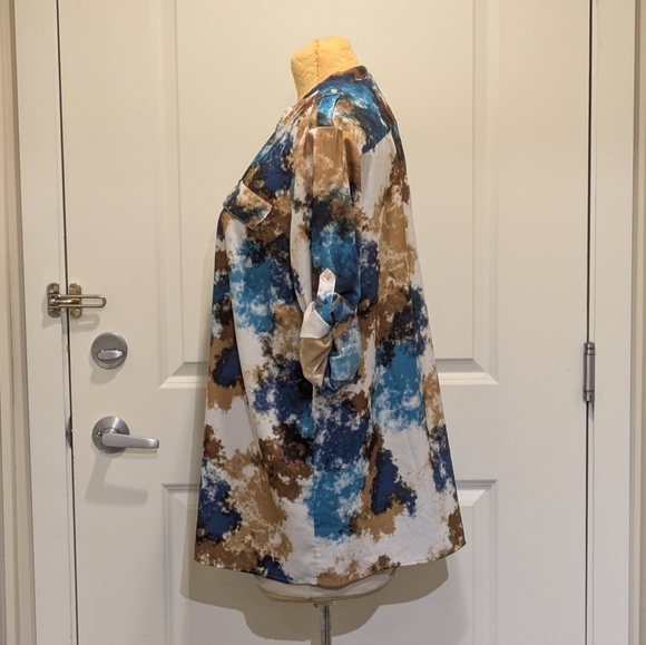 EUC Calvin Klein 3X Turquoise Brown and White Patterned Roll-Up Sleeve Blouse - Picture 9 of 11